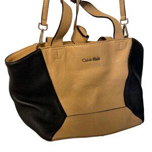 Calvin Klein Pebbled Leather Crossbody Satchel Tan Black H4DAA3RM